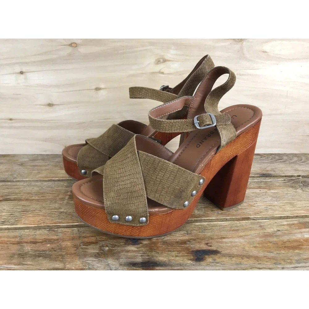 LUCKY BRAND 70s Look Studded Block Heel Sandal Suede Ankle Strap US 10 M EUR 40